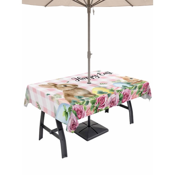 Easter Outdoor Tablecloth - 54x80 Inch Rectangle Dining Table Cover, Spring Watercolor Bunny Eggs Flower Leaf Pink Plaid Waterproof Outdoor Table Cloth with Umbrella Hole & Zipper for Picnic/Patio