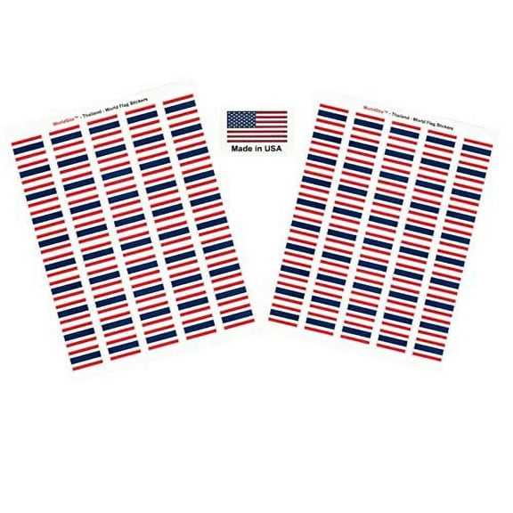 Made in USA! 100 Country Flag 1.5" x 1" Self Adhesive World Flag Scrapbook Stickers, Two Sheets of 50, 100 International Sticker Decal Flags Total (Thailand)