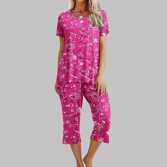Ensemble de Pyjama pour Femmes à Col Rond Imprimé, Manches Courtes, Chemise de Nuit et Pantalon, Tenue d'Intérieur avec Poches