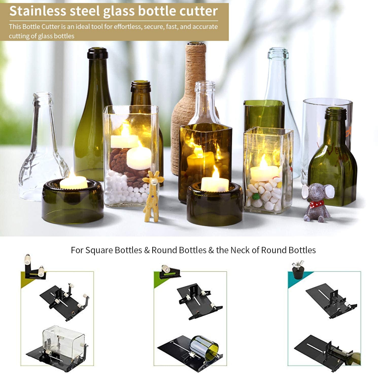 Bottle Cutter - Glass Bottle Cutting Tool, Square and Round Beer Glass Sculpture Cutter for DIY Glass Cutting - Metal Pad Bottle Holder with Cutting Accessories