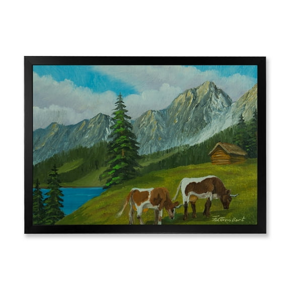 Designart 'Cows On A Green Meadow With Mountain Landscape With ' Farmhouse Framed Art Print