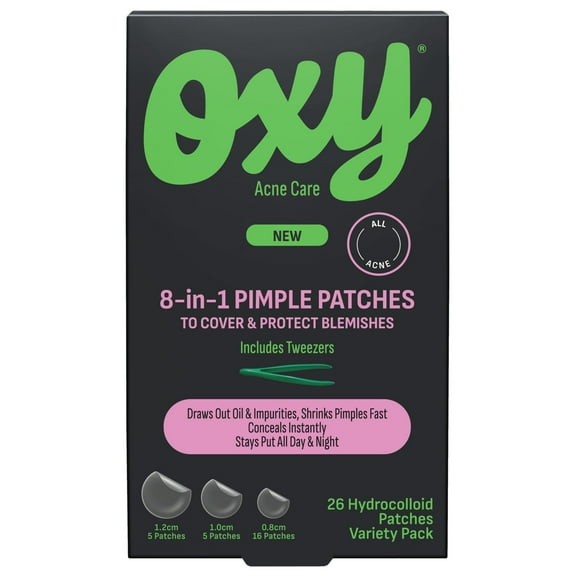 Oxy 8 IN 1 Pimple Acne Patches, Invisible, Sweat & Waterproof Hydrocolloid Zit Covers Protect & Shrink Pimples, Fast On Face & Body, 26 Count in 3 Sizes, Tweezers Included (3x26ct)