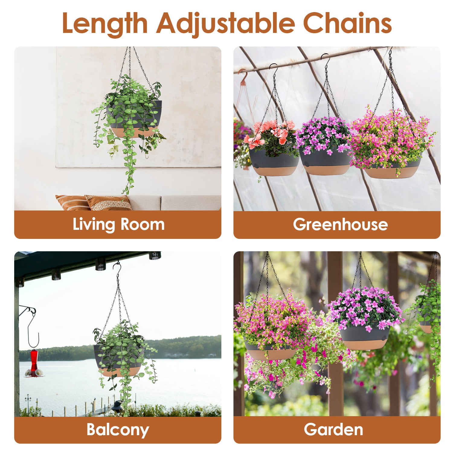 Moclever 4Pcs Hanging Planter Set, 9.64in Diameter Plastic Hanging Plant Pot with Drainage Holes Removable Self-Watering Tray for Indoor Outdoor Herb Ivy Fern, Gray