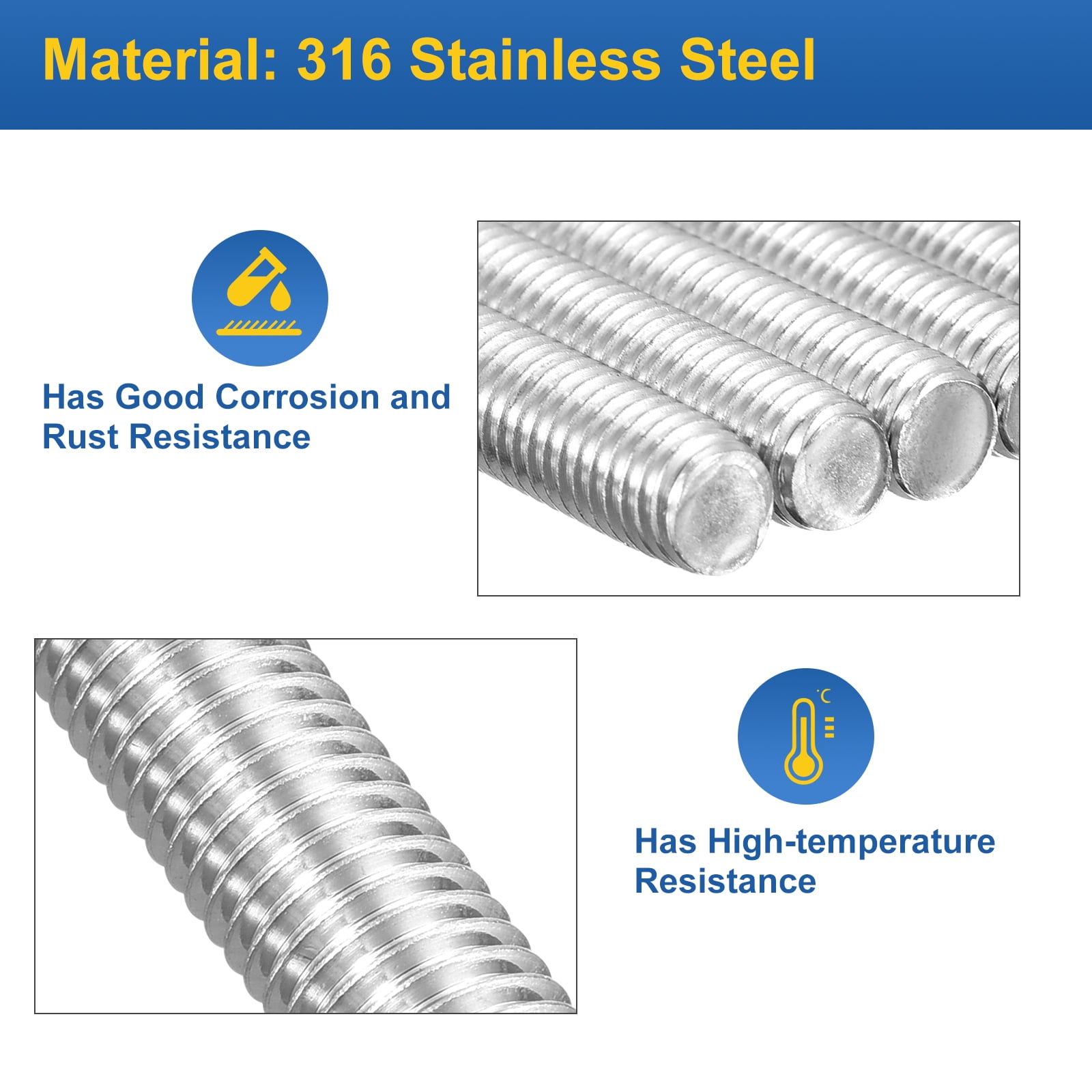 M12x190mm Fully Threaded Rod, 2Pcs 316 Stainless Steel 1.75 Pitch Threaded Screw