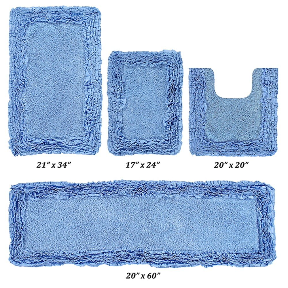 Better Trends 4 Piece Bathroom Rug Set 100% Cotton, Extra Soft, Water Absorbent & Non Slip Bath Mat, Ruffle Border, (Blue) Shaggy Border Collection