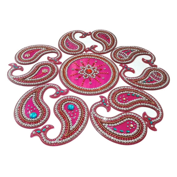 FineArt Handcrafted Decorative Rangoli Set Jewel Stone/Kundan Decorations on Red Acrylic Base 11 Piece Set - for Home Dcor