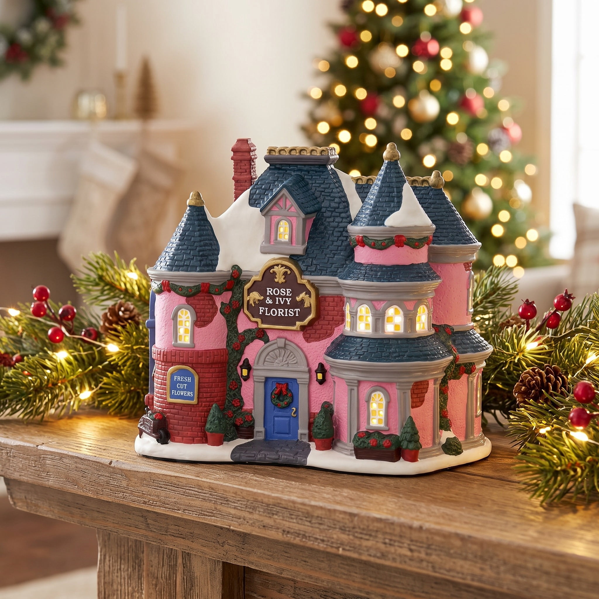 Light-Up Porcelain Rose and Ivy Florist Christmas Village Building, Multicolor, 7.75", by Holiday Time