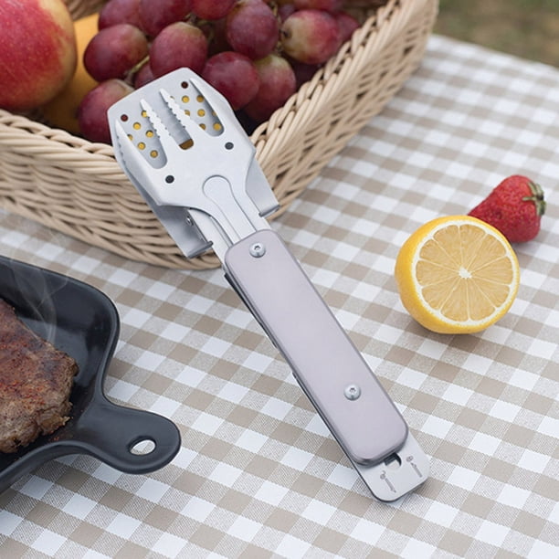 Herramienta 3 En 1 para Barbacoa de Camping | Combo de Tenedor, Espátula y Pinzas | Utensilio Multifuncional para Barbacoa de Acero Inoxidable 430 Resistente a La Corrosión con Abrebotellas | Cocina