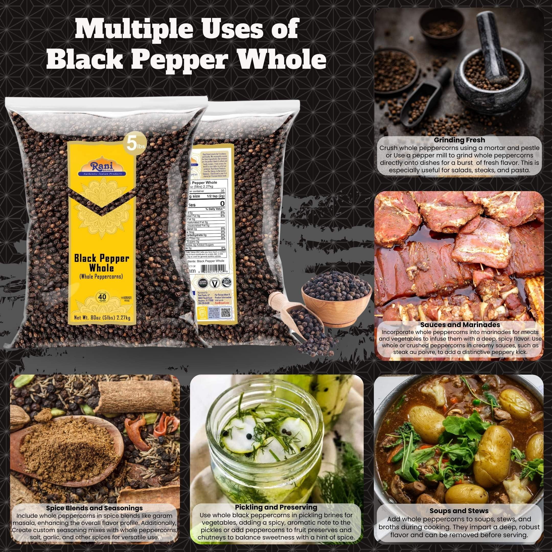 Rani Black Pepper Whole (Peppercorns), MG-1 Grade, 80oz (5lbs) 2.27kg Bulk ~ All Natural | Gluten Friendly | Non-GMO | Kosher | Perfect size for Grinders!