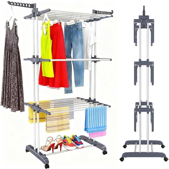 Tendedero Plegable para Ropa, Tendedero de Ropa Plegable 4 Niveles, Vertical y Retráctil, Colgador Ropa para Secar con Alas Laterales y Ruedas, Tendedero Portatil modernos para Interiores y Exteriores