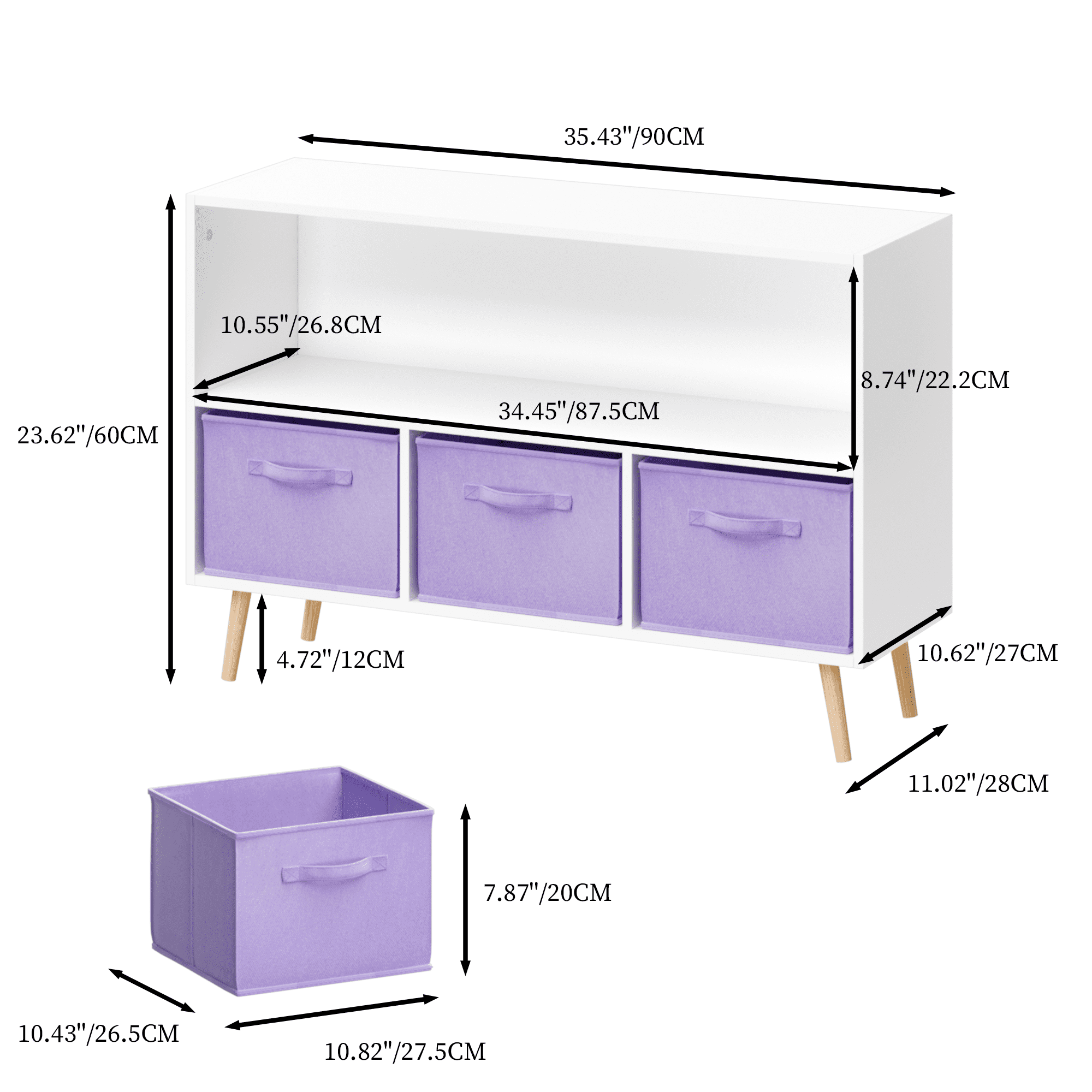 Jopath 4 Cube Kids Bookcase & Toy Storage Organizer with 3 Fabric Drawers for Playroom Storage,Purple