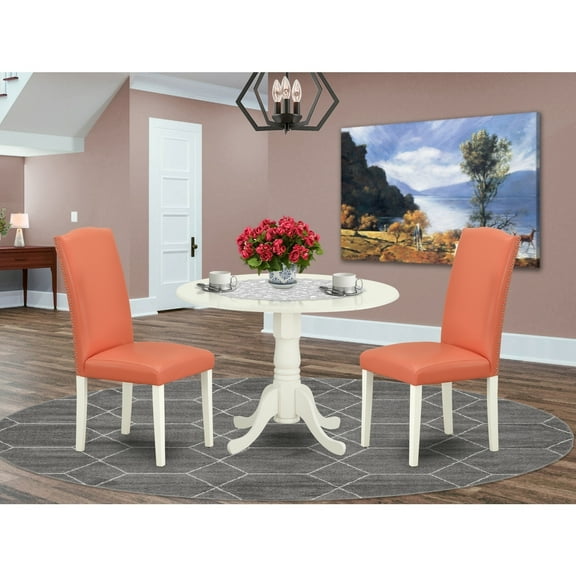 Round Kitchen Table Set 42 Inch with 2 Chairs - Pink Flamingo PU Leather & Linen White Legs