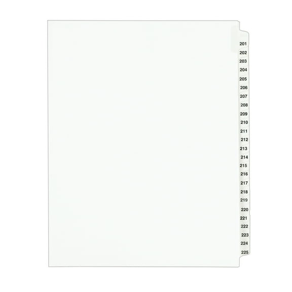Preprinted Legal Exhibit Side Tab Index Dividers, Avery Style, 25-Tab, 201 To 225, 11 X 8.5, White, 1 Set, (1338) | Bundle of 5 Sets