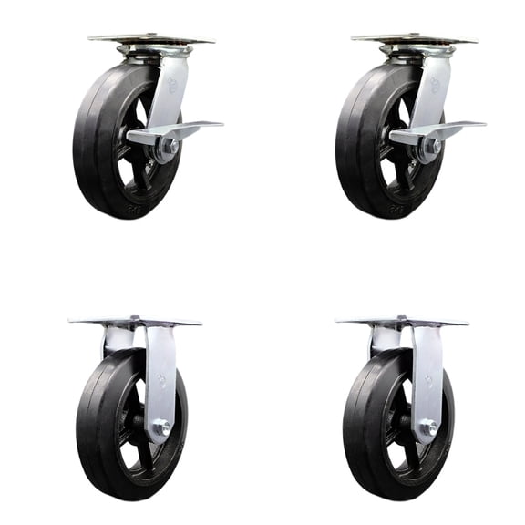 8 Inch Rubber on Steel Caster Set with Ball Bearing 2 Brakes and 2 Rigid SCC