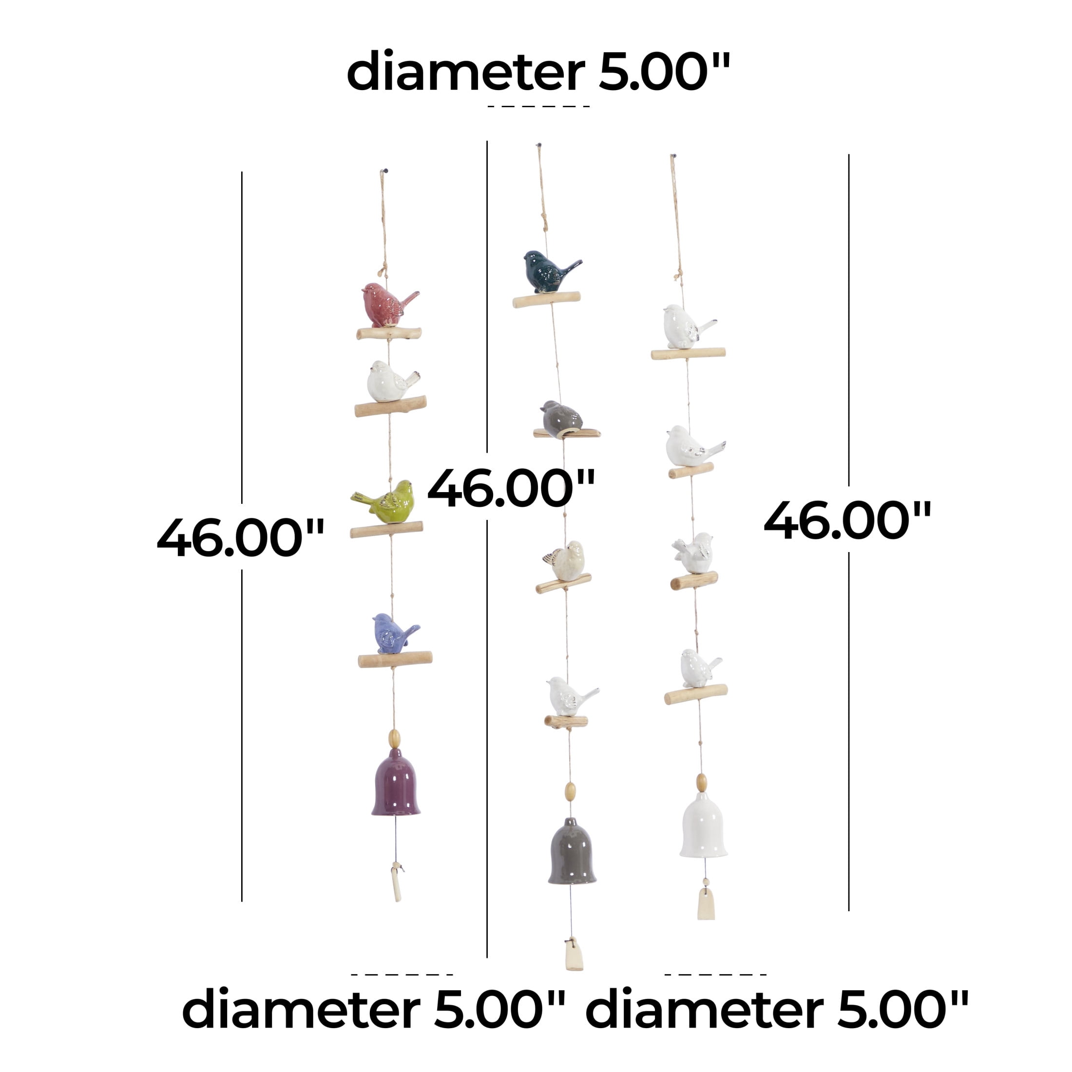 DecMode 46" White Ceramic Bird Windchime with Bells (3 Count)