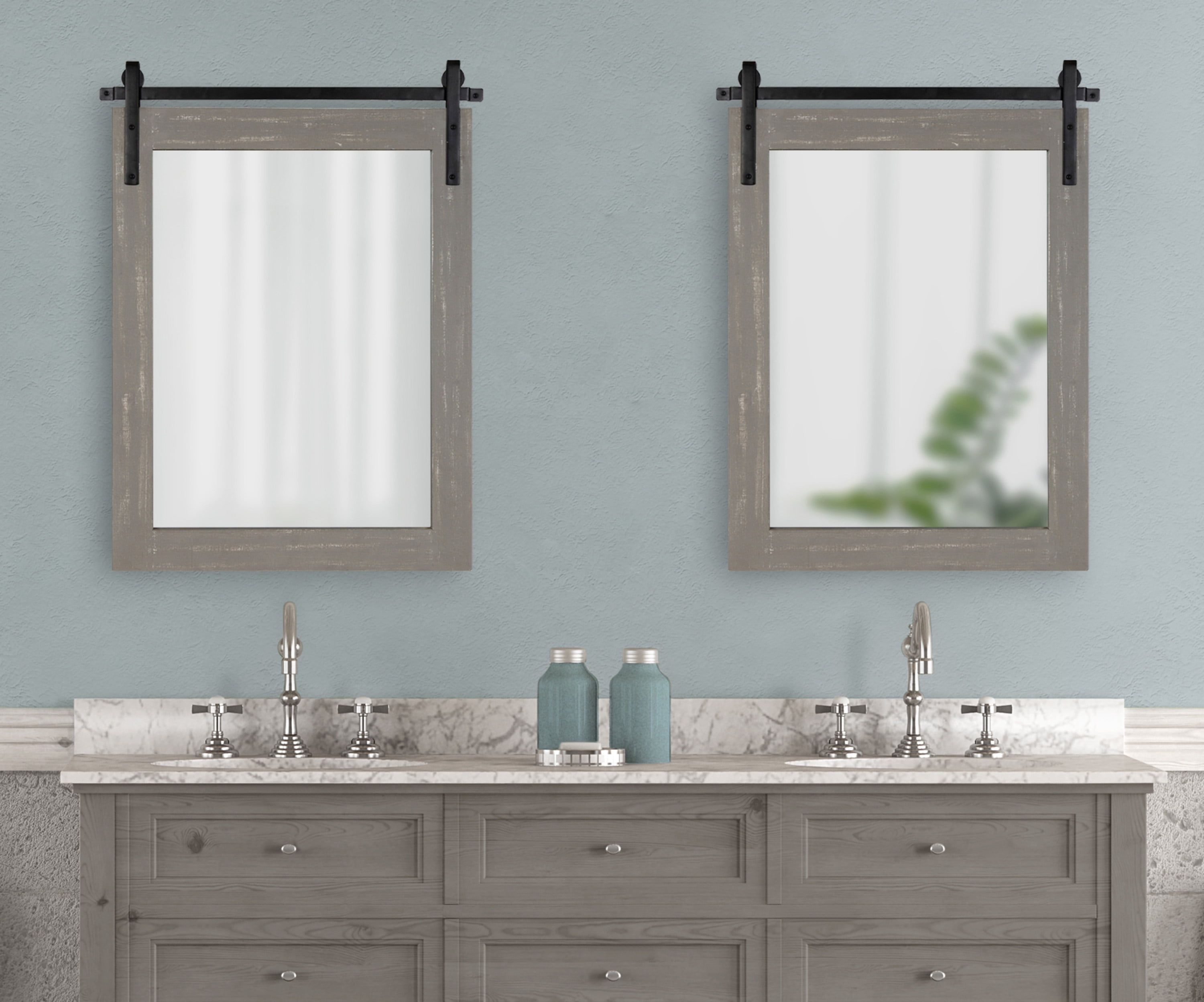 Kate and Laurel Cates Rustic Wall Mirror, 22" x 30" Rustic Gray, Farmhouse Barn Door-Inspired Wall Decor