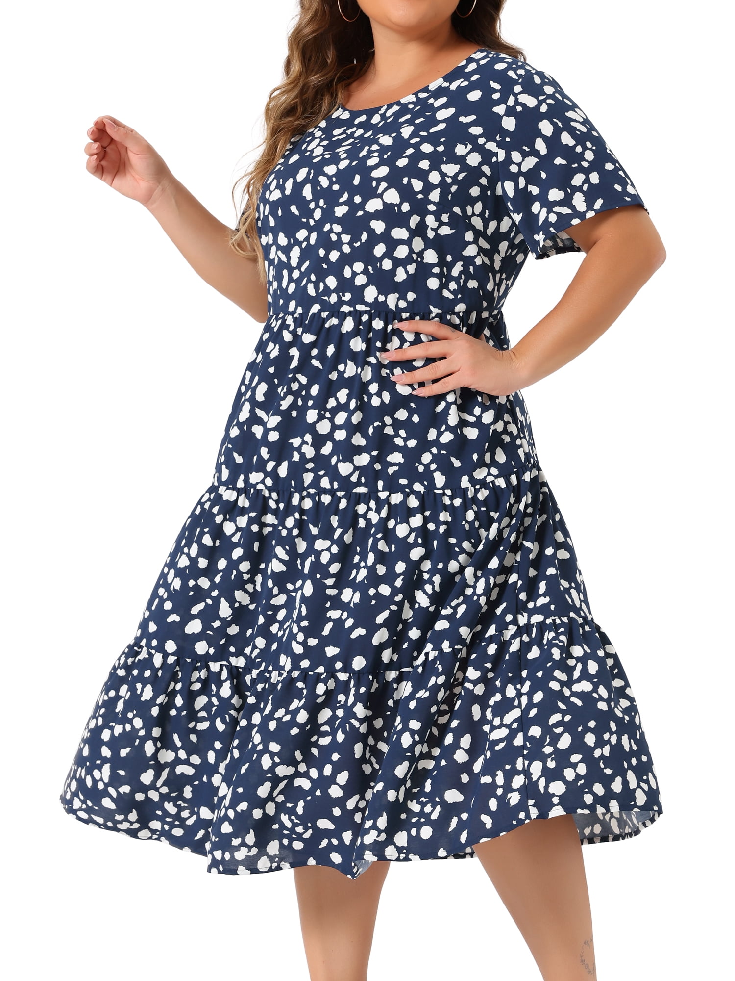 DARING DIVA Plus Size Tiered Polka Dots Midi Short Sleeve Babydoll Dress 3X Dark Blue