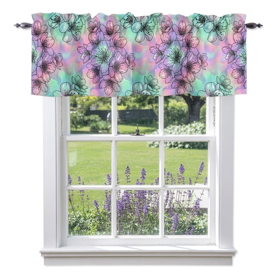 Spring Cherry Blossoms Valances for Windows, Dreamy Gradient Background Valance Window Treatment Rod Pocket Short Curtains Valances for Kitchen Bathroom 54"W x 18"L