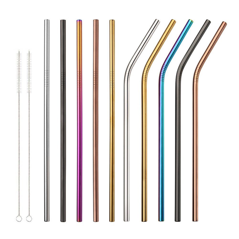 Akoyovwerve 12PCS Set Reusable Stainless Steel Straws Extra Long 8.5