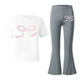 thumbnail image 5 of ZXLBBD Girls Stylish Casual Outfit with Bow Print and Flared Leg Pants 2 Piece Toddler Comfy Loose Fit Daily Wear Clothing Sets,Grey,Size 5 Y-6 Y, 5 of 5