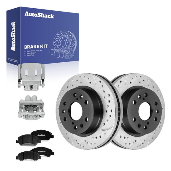 AutoShack Front Vented Drilled & Slotted E-Coated Brake Rotors   Premium Ceramic Pads   Calipers 8-PC Brake Kit Replacement for 2005-2008 Chevrolet Silverado 1500 ShadowGuard 12.99" (329.9 mm)