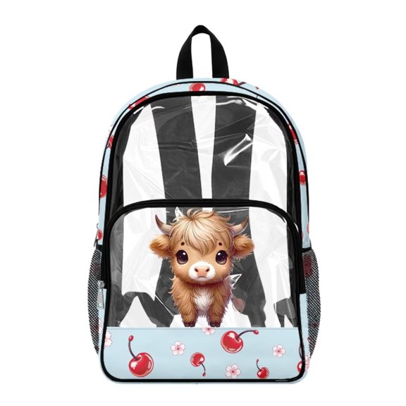 SEANATIVE Clear PVC Backpack for Kids Boys Girls Transparent Bookbag See Through School Daypack Middle High School Backpacks Rucksack Schoolbag, Highland Calf Cow Cherry Blossom Blue