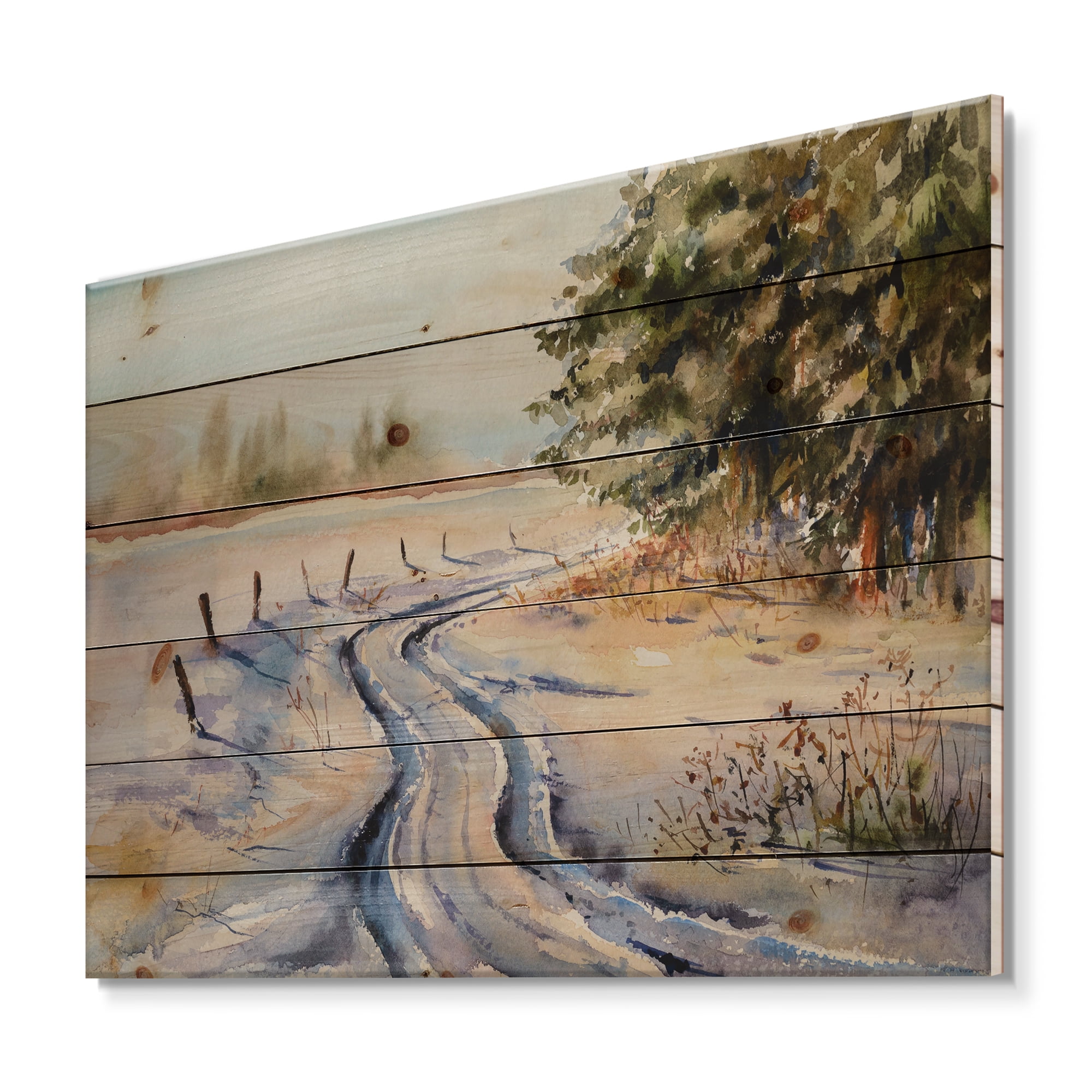 Designart 'Snowy Winter Forest Landscape Rural Road In Snow' Traditional Print on Natural Pine Wood