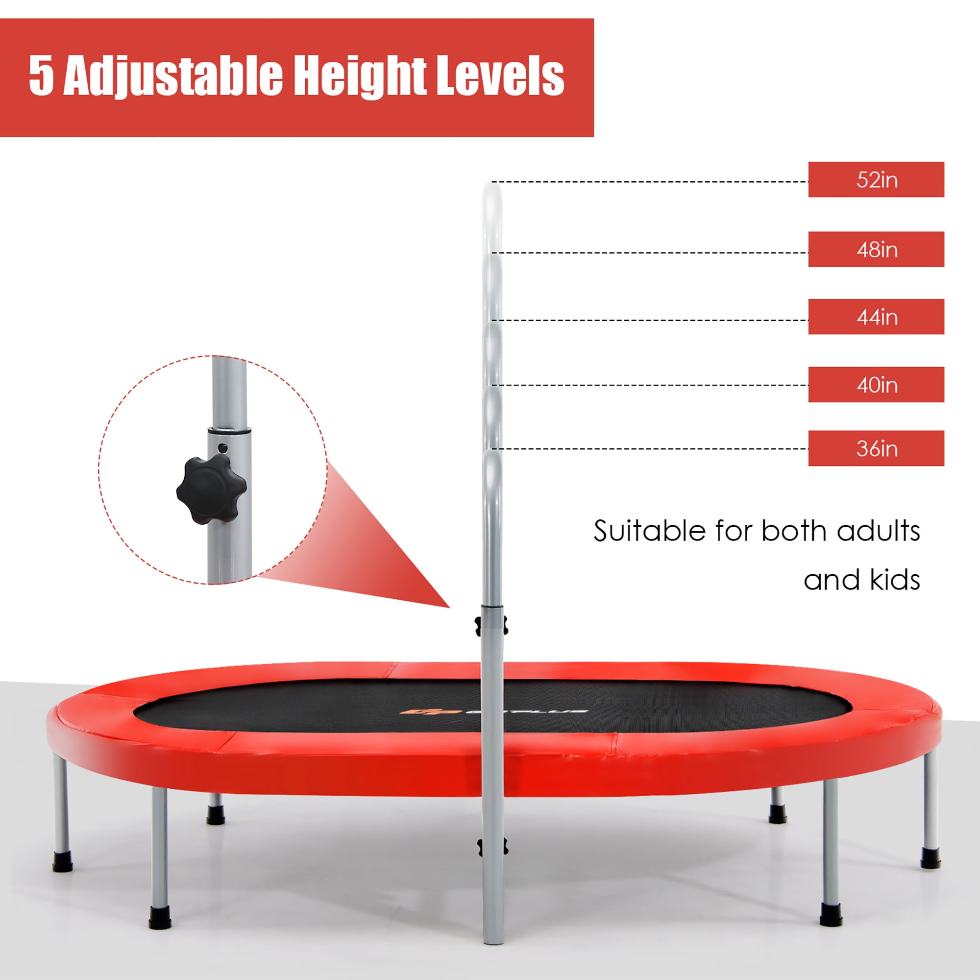 Goplus Trampoline Foldable Rebouncer with Adjustable Handrail, Red, 59.50" x 35.50" x 52.00"