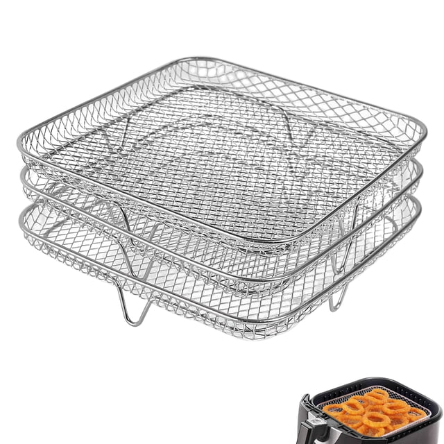RAMLLY Rejilla para freidora de aire de 8 pulgadas para freidora instantánea Vortex, Philips, freidora COSORI, tres estantes apilables cuadrados, estante deshidratador multicapa de acero inoxidable, a