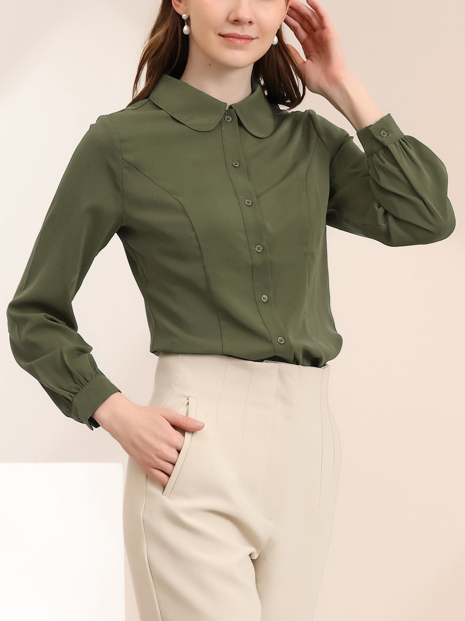 DARING DIVA Women's Peter Pan Collar Long Sleeve Button Down Work Shirts L Army Green