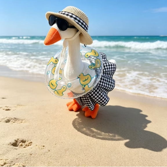 Summer Beach Goose Outfits for 7-Inch Lawn Goose, 5-Piece Vacation Style Clothes Set with Straw Hat, Pink Sunglasses, Watermelon Swim Ring & Gingham Dress, Porch Goose Costumes Decor