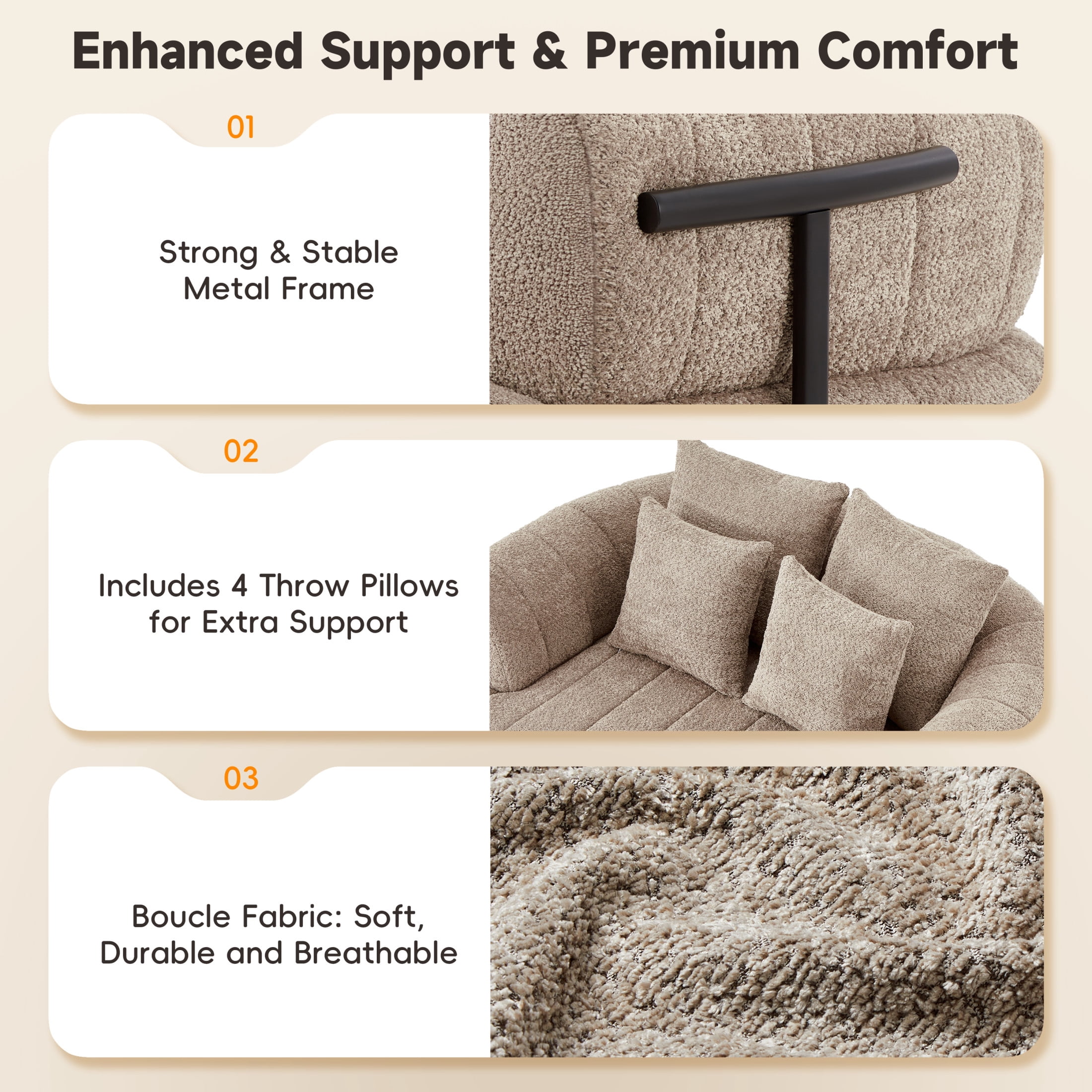 Noble House Quincia 64" Oversized Boneless Chaise Lounge with Boucle Upholstered, Cozy Comfy Cloud Sofa Bed, Khaki