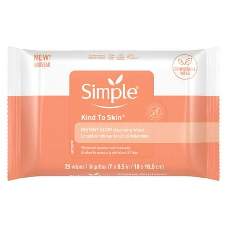 Simple Wipes Kind to Skin, Instant Glow, Facial Cleansing Wipes, Makeup Removal Wipes, Removes Waterproof Mascara, 25 Wipes Pack of 3