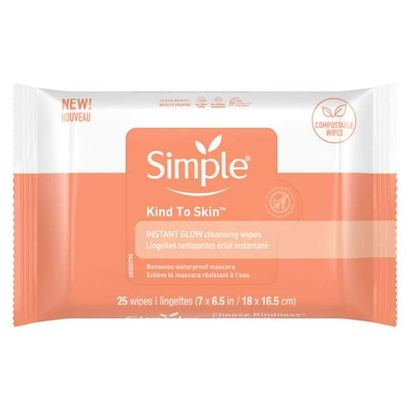 Simple Wipes Kind to Skin, Instant Glow, Facial Cleansing Wipes, Makeup Removal Wipes, Removes Waterproof Mascara, 25 Wipes Pack of 3