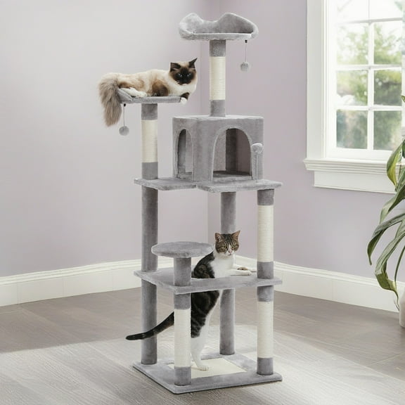 Pefilos 57" 4 Levels Platform Cat Tree House, Cat Condo for Large Cats with Fully Scratching Posts, Cat Tower for Indoor, Gray