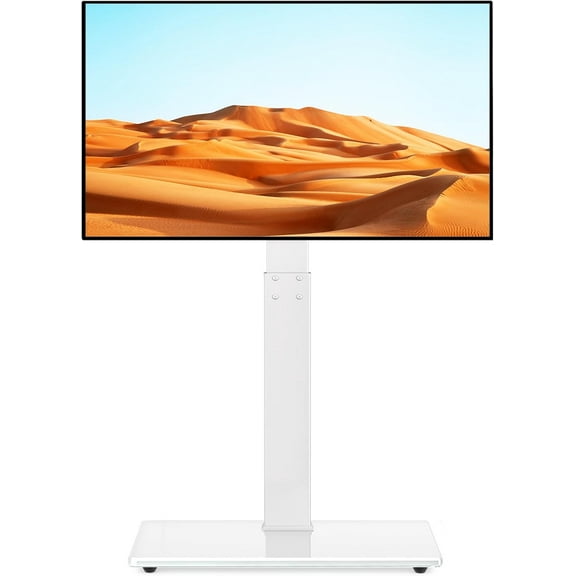 TAVR Universal Floor TV Stand Base for 32-70 Inch TVs up to 110 Lbs with Swivel Height Adjustable Mount, White Tempered Glass Base for Media Storage