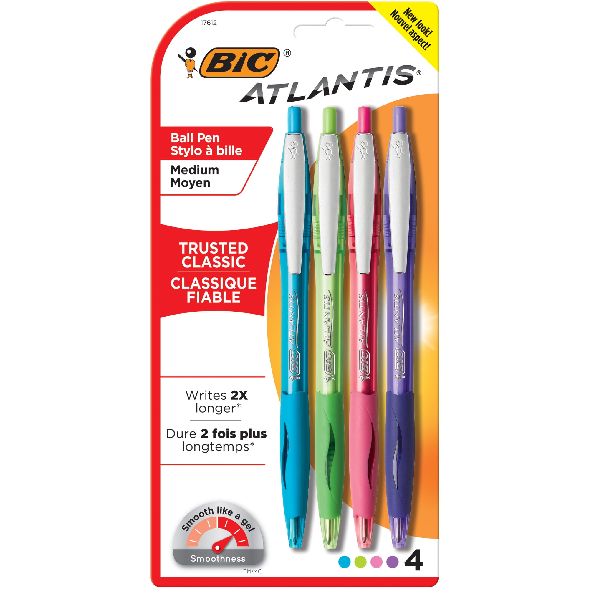 BIC Atlantis Original Retractable Ballpoint Pen, Assorted Ink, Medium, 1mm, 4/Pack