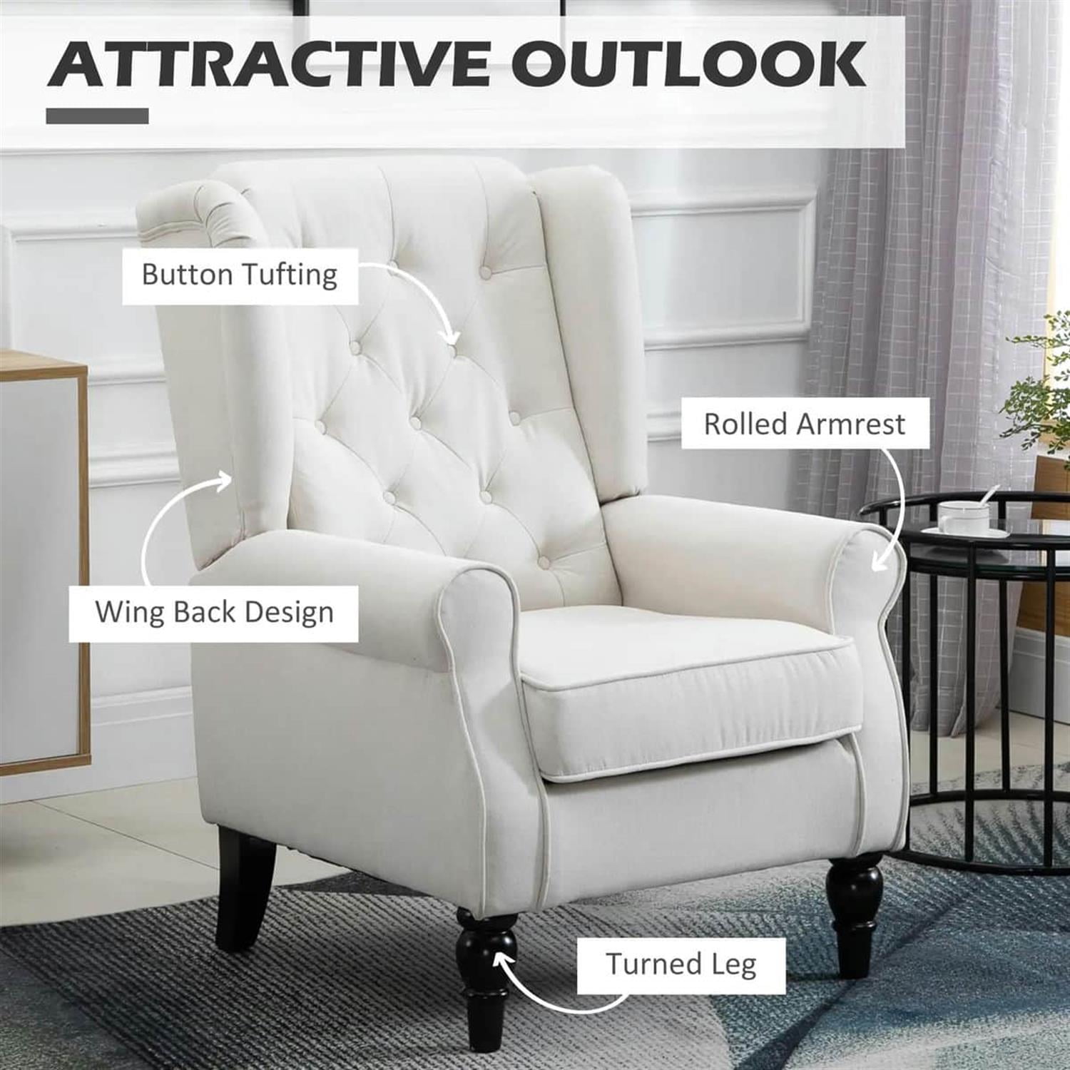 Demi Bonn 40" Modern Upholstered Armchair with High Back Button Tufted, Mid-Century Retro Wood Leg Chair for Living Room, Bedroom, White
