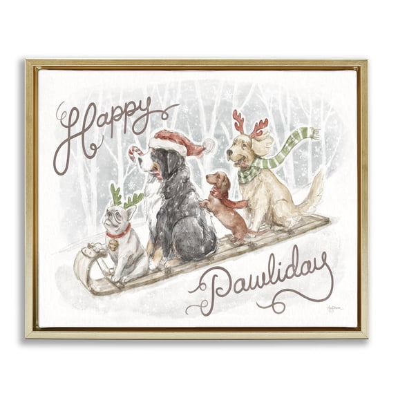 Stupell Industries Traditional Happy Pawliday Dogs Gold Floating Frame Canvas Art, 31 x 25, by Mary Urban