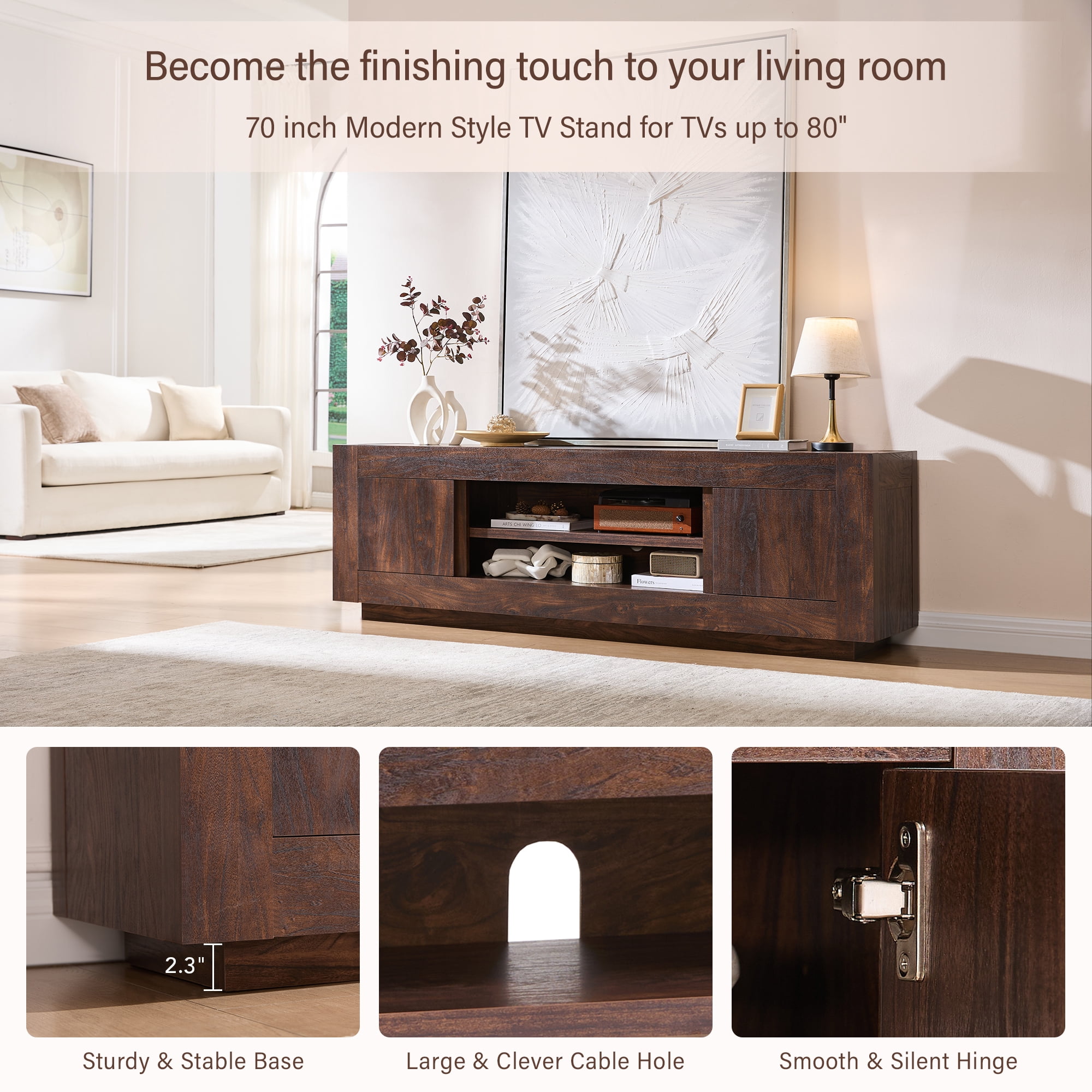 KeyWhat 70" Modern Low Profile TV Stand for TVs up to 80", Open Storage & Adjustable Shelves