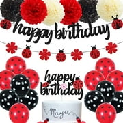 Ladybug Birthday Decorations Ladybird Happy Birthday Banner Ladybeetle Cake Topper Black Red Latex Balloon Pom Pom Flowers for Ladybug Theme Bday Party Supplies