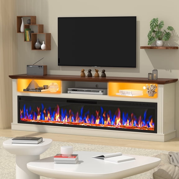 HARIPUL 58" Fireplace TV Stand for TVs Up to 65" with 52" Electric Fireplace,White Entertainment Center with Storage Cabinets,Led Light TV Consoles for Living Room,White/Log Fireplace