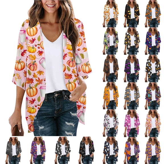 qolati Halloween Cardigan for Women 3/4 Sleeve Open Front Cardigans Jacket Holiday Fall Outwear Cute Ghost Pumpkin Graphic Cover Up Blouse Tops Orange L