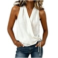 thumbnail image 2 of FDGIU Women's Halter Wrap V Neck Sleeveless Tank Top, Solid Cotton Linen Woven Side Drawstring Ruched Cropped Casual Blouse, 2 of 5