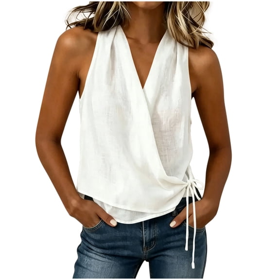Womens Sleeveless Tops Summer Cotton Linen Blouse Dressy Casual Side Tie Shirt V-Neck Wrap Tank Top for Beach Vacation