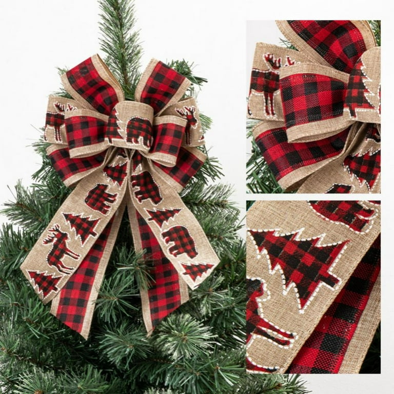  WILLBOND 3 Pieces 8.8 x 16 Inches Christmas Burlap Bows Natural  Christmas Tree Topper Bow Holiday Decorative Bows Burlap Ribbon Bow  Christmas Decorative Burlap Bow for Xmas Tree Home Decor 