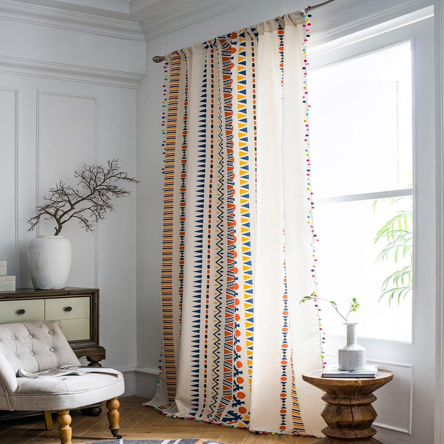 Boho Window Curtain Panel with Tassels Black Striped Geometric Print Country Style Cotton Linen Room Darkening Curtain Panel for Bedroom Living Room Rod Pocket Top
