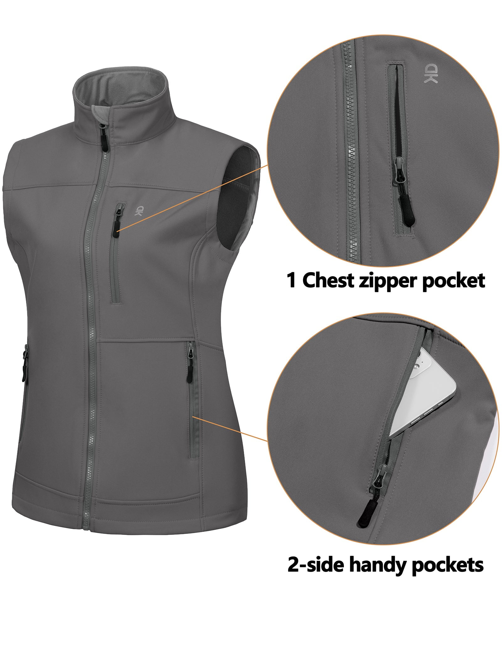 Little Donkey Andy Lightweight Softshell Vest for Women Fleece Lined Outerwear Zip Up Sleeveless Casual Windbreaker Jacket for Golf Hiking Running Jogging Outdoor Travel, Light Dark Grey, Medium