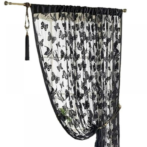 [BRAND CLEARANCE] 78.74X39.37 Window Room Curtains，Butterfly Pattern Tassel String Door Curtain Divider Scarf (Black)