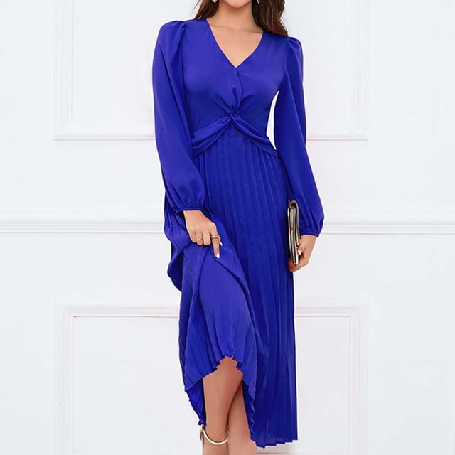 Pisexur Manches Longues V-cou Robe Mode Femmes V Cou Manches Longues Robes Plissé Femmes Robe sur l'Autorisation
